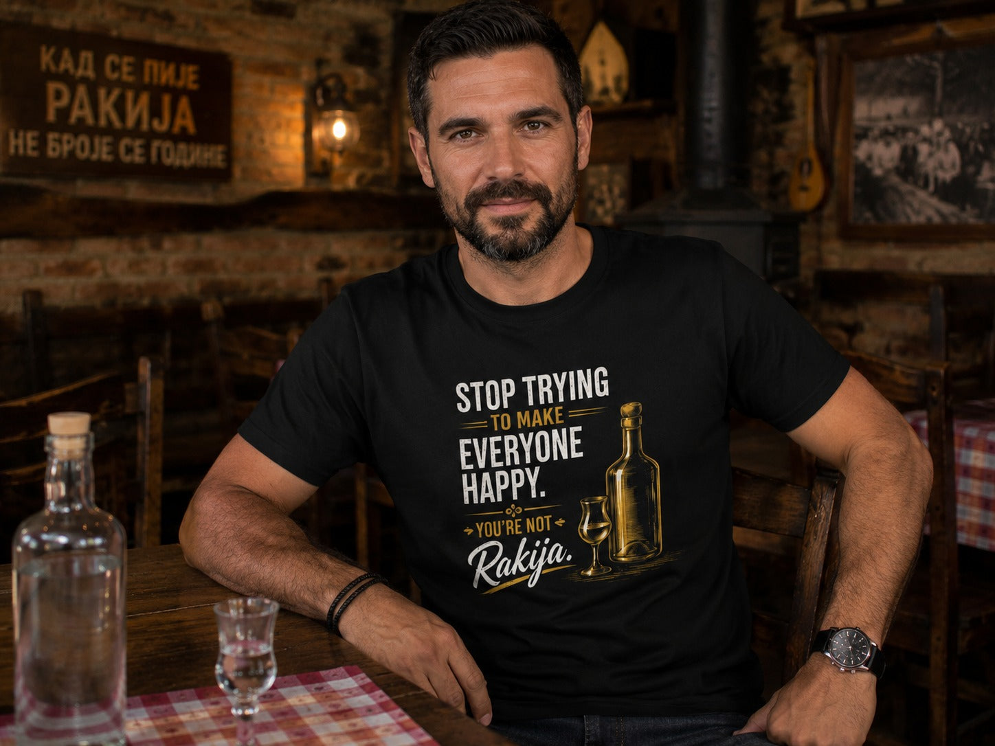Woman wearing a white Sorry for Being So Balkanic T-shirt