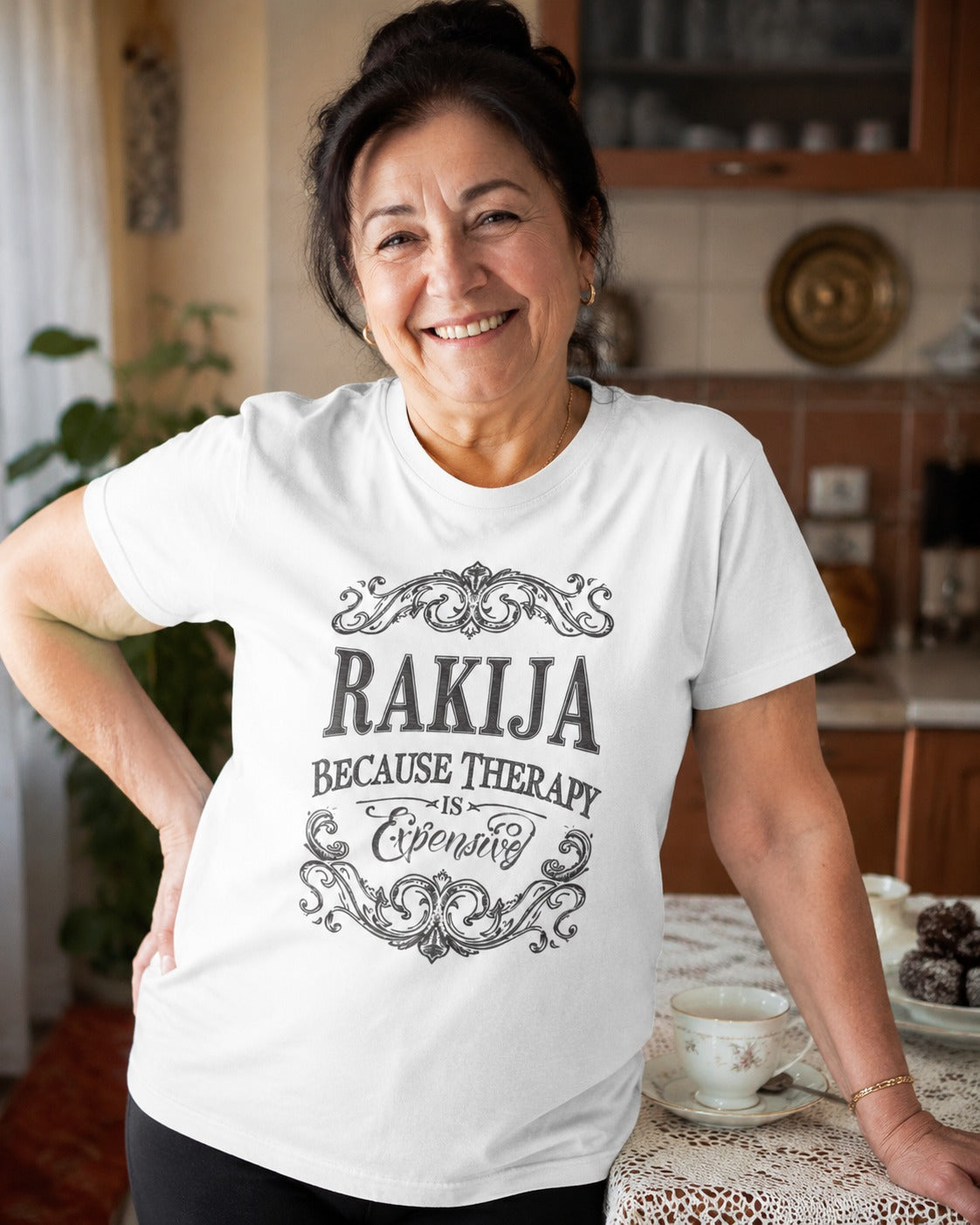 Man modeling a black Balkan Rakija graphic T-shirt