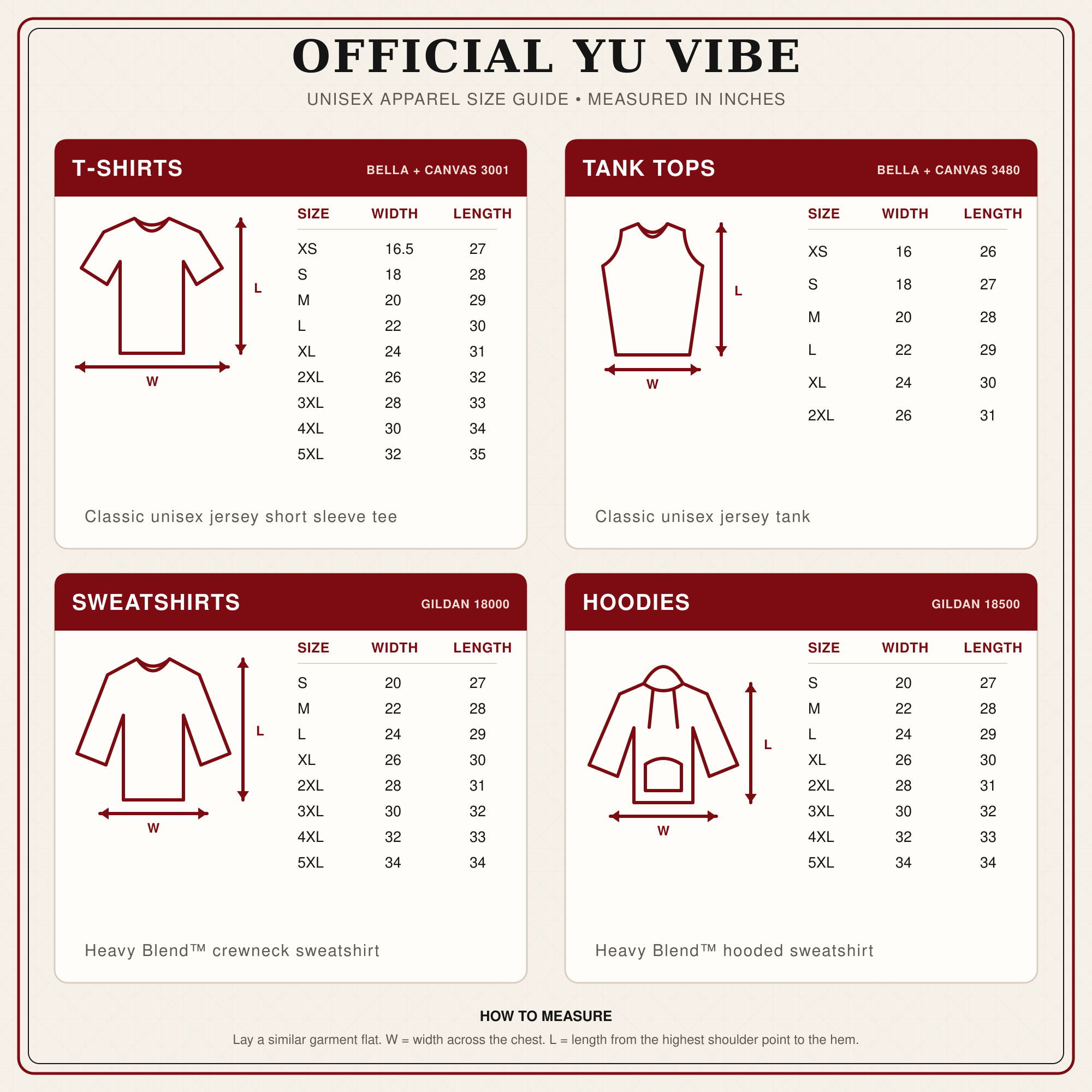 Visual Official Yu Vibe apparel size chart. The same measurements are available to screen readers below.
